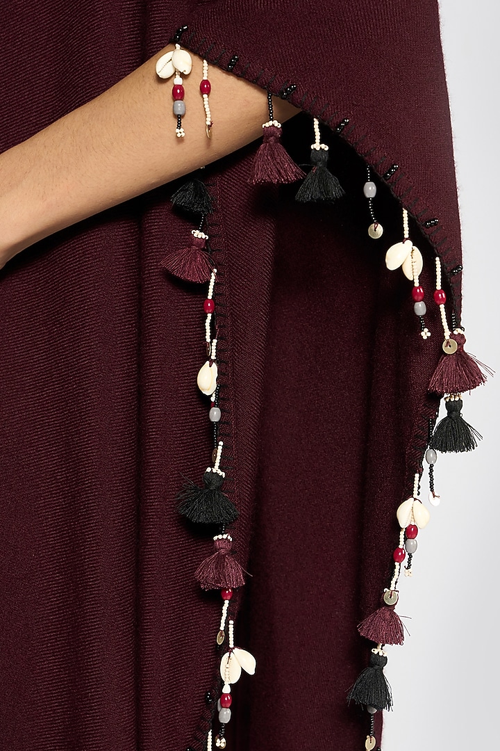 Wine Cashmere Zardosi Hand Embroidered Ruana by talitha at Pernia's Pop Up Shop
