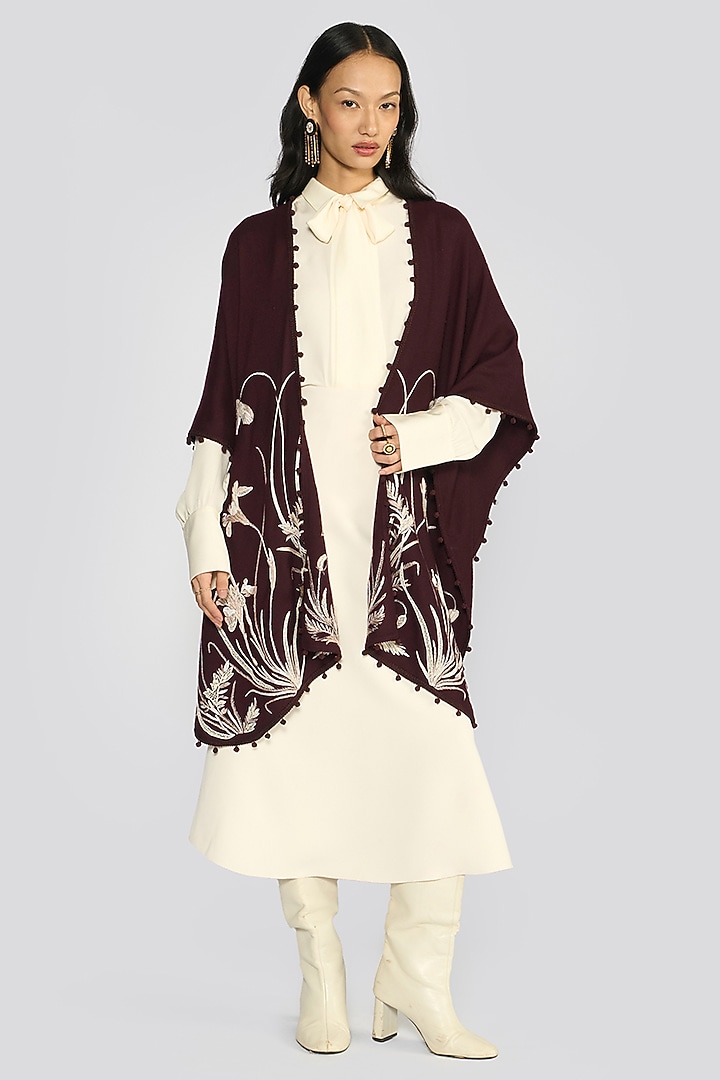 Wine Cashmere Gara Hand Embroidered Ruana by talitha at Pernia's Pop Up Shop