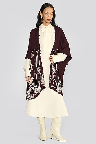 Wine Cashmere Gara Hand Embroidered Ruana by talitha