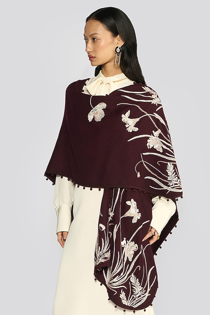 Wine Cashmere Gara Hand Embroidered Ruana by talitha at Pernia's Pop Up Shop