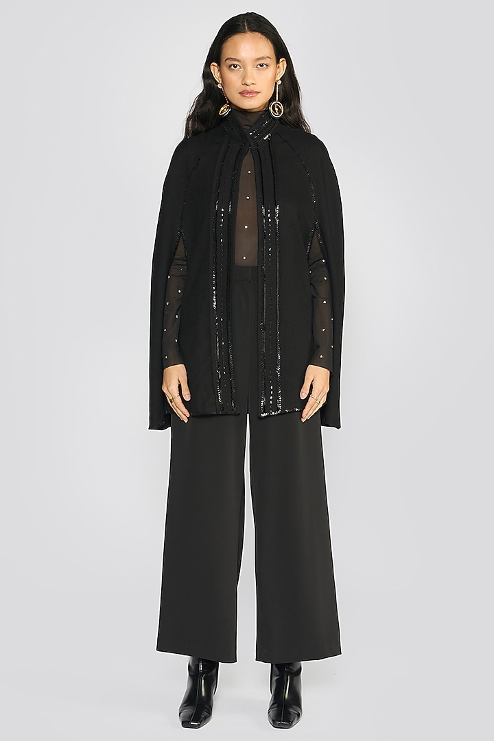 Black Cashmere Wool Sequin Hand Embroidered Cape by talitha at Pernia's Pop Up Shop