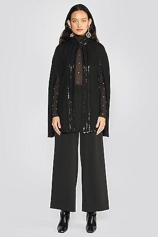 Black Cashmere Wool Sequin Hand Embroidered Cape by talitha