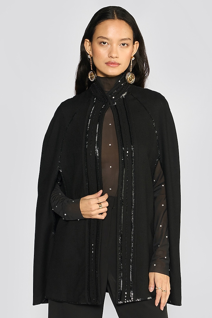Black Cashmere Wool Sequin Hand Embroidered Cape by talitha at Pernia's Pop Up Shop