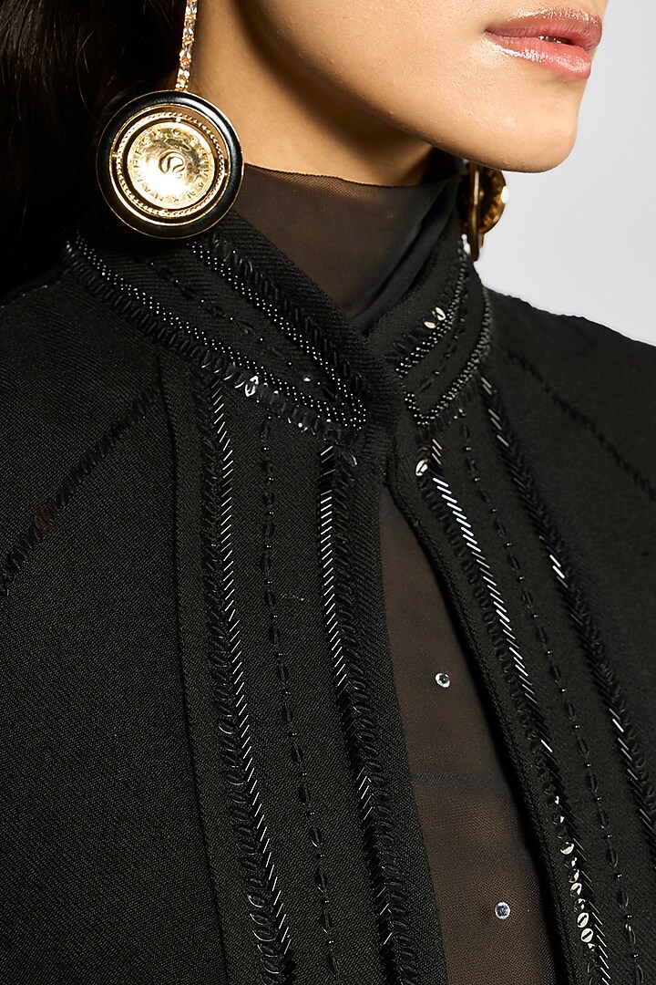 Black Cashmere Wool Sequin Hand Embroidered Cape by talitha at Pernia's Pop Up Shop