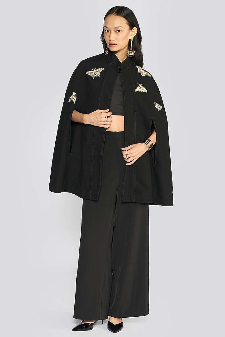 Black Cashmere Wool Zardosi Hand Embroidered Cape by talitha at Pernia's Pop Up Shop