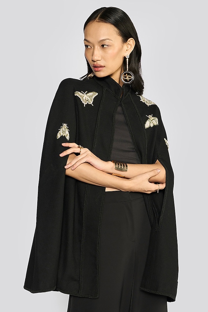 Black Cashmere Wool Zardosi Hand Embroidered Cape by talitha at Pernia's Pop Up Shop