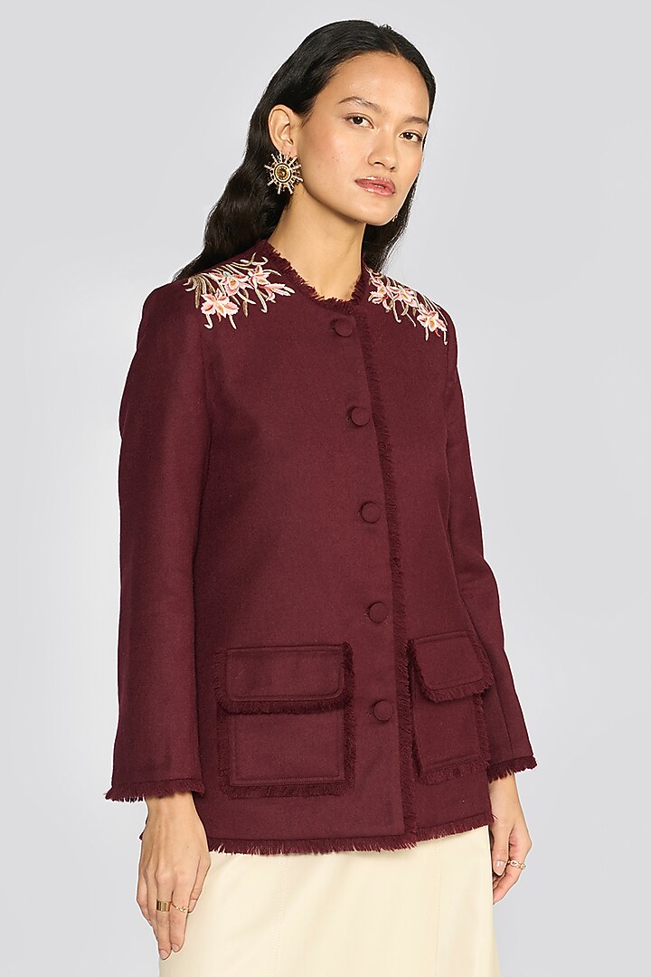 Wine Wool Flannel Hand Embroidered Jacket by talitha at Pernia's Pop Up Shop