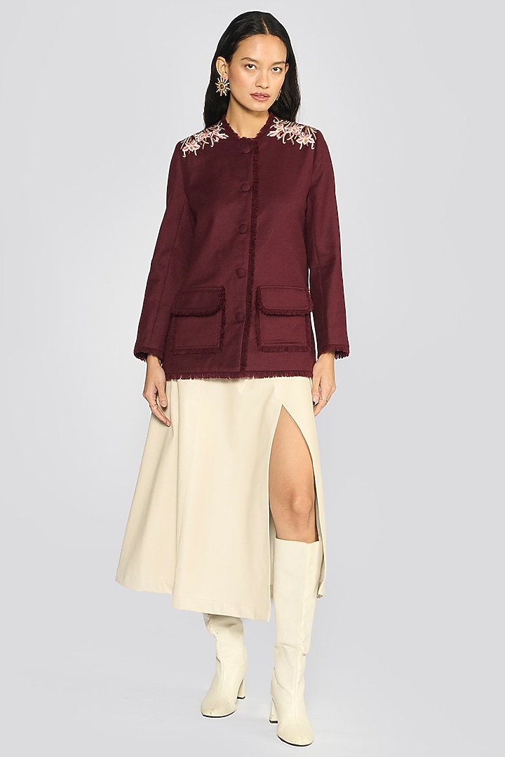 Wine Wool Flannel Hand Embroidered Jacket by talitha at Pernia's Pop Up Shop