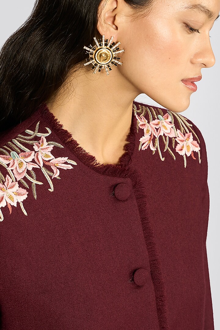 Wine Wool Flannel Hand Embroidered Jacket by talitha at Pernia's Pop Up Shop