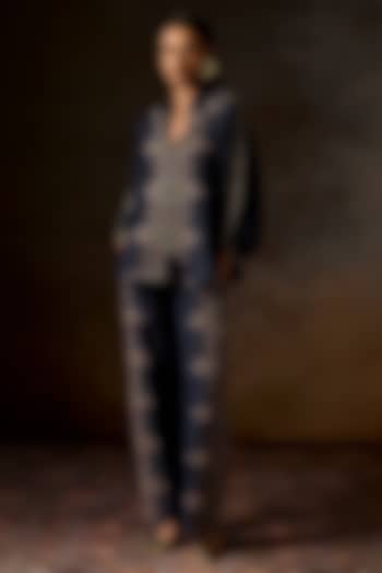 Navy Blue Linen Blend Printed Co-Ord Set by Talitha at Pernia's Pop Up Shop