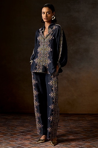 Navy Blue Linen Blend Printed Co-Ord Set by Talitha