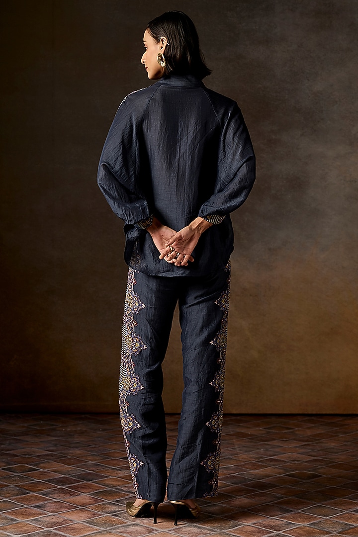 Navy Blue Linen Blend Printed Co-Ord Set by Talitha at Pernia's Pop Up Shop