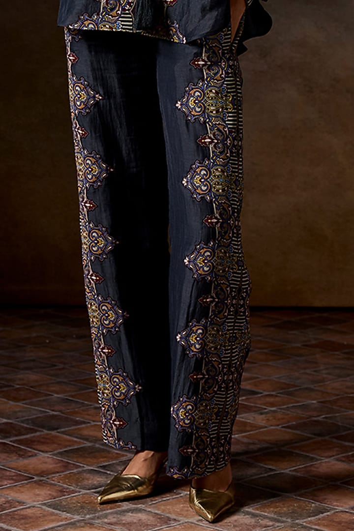 Navy Blue Linen Blend Printed Co-Ord Set by Talitha at Pernia's Pop Up Shop