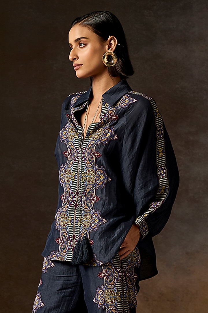 Navy Blue Linen Blend Printed Co-Ord Set by Talitha at Pernia's Pop Up Shop