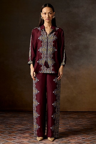 Wine Linen Blend Printed Co-Ord Set by Talitha