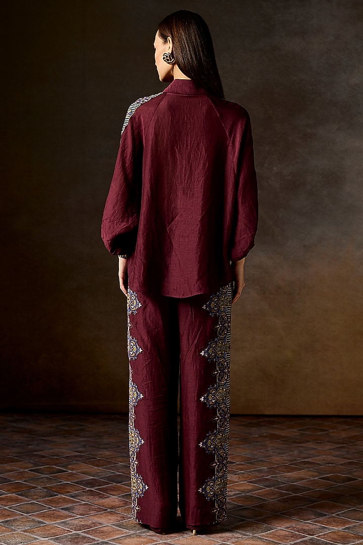 Wine Linen Blend Printed Co-Ord Set by Talitha at Pernia's Pop Up Shop