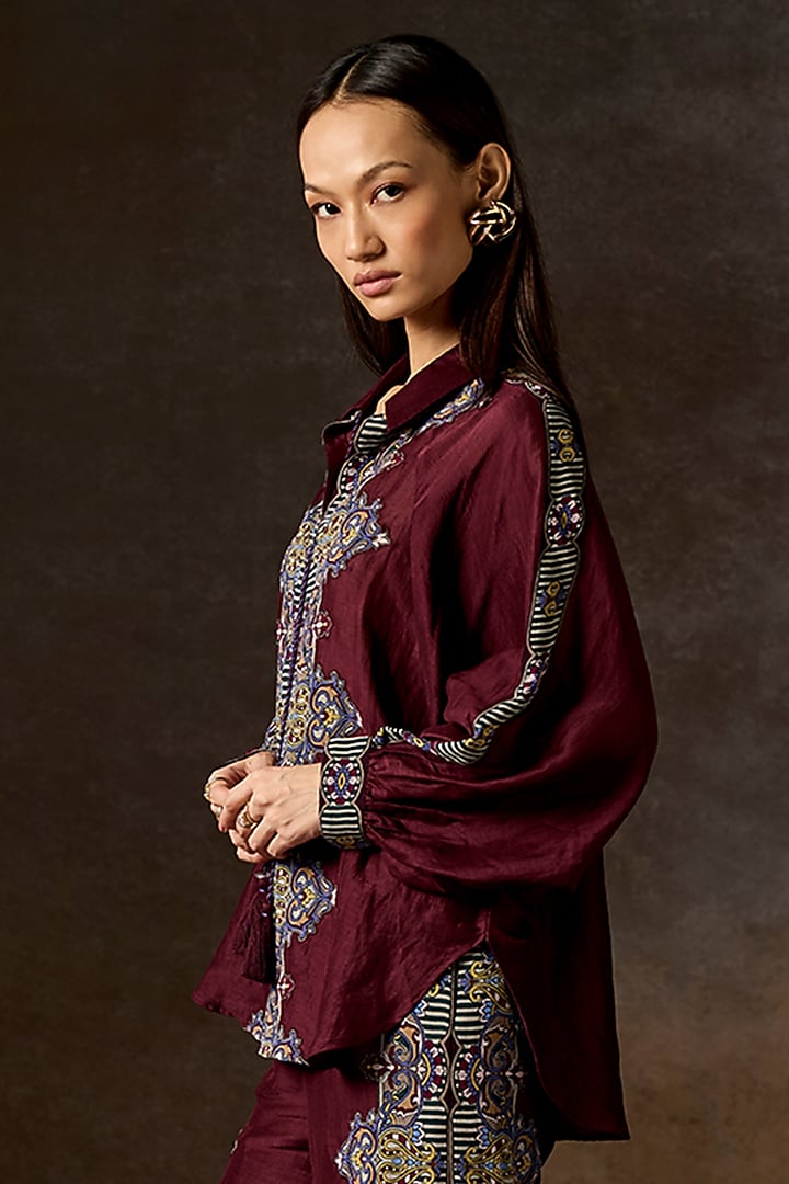 Wine Linen Blend Printed Co-Ord Set by Talitha at Pernia's Pop Up Shop