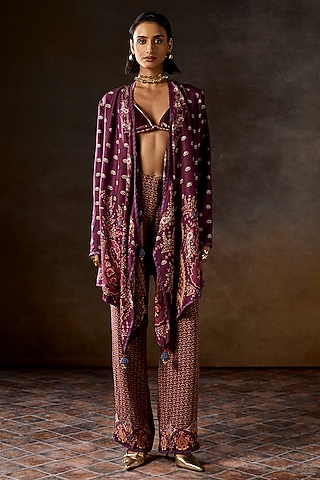 Wine Pure Silk Printed Reversible Cape by Talitha