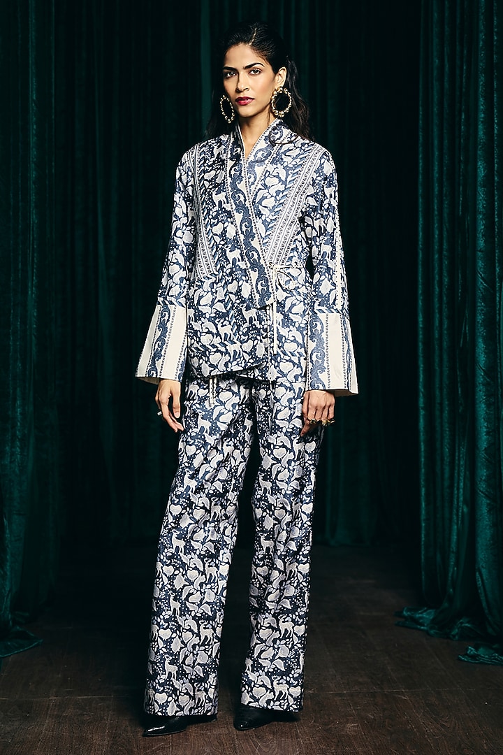 Indigo Pure Silk Flora & Fauna Digital Printed Jacket Set by talitha at Pernia's Pop Up Shop