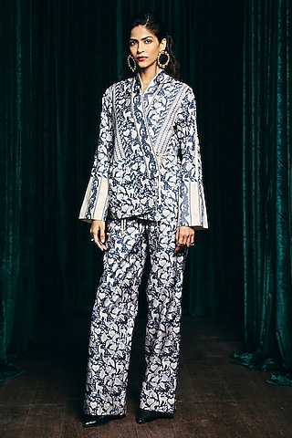 Indigo Pure Silk Flora & Fauna Digital Printed Jacket Set by talitha