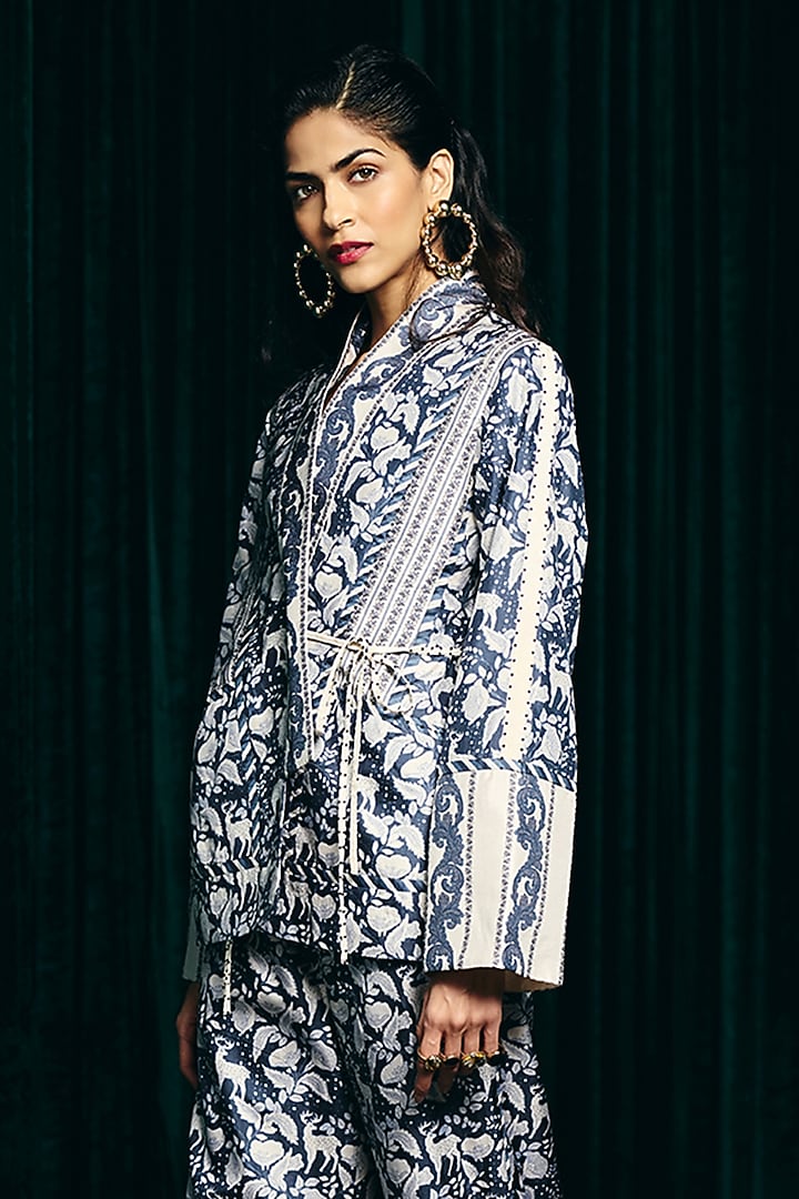 Indigo Pure Silk Flora & Fauna Digital Printed Jacket Set by talitha at Pernia's Pop Up Shop