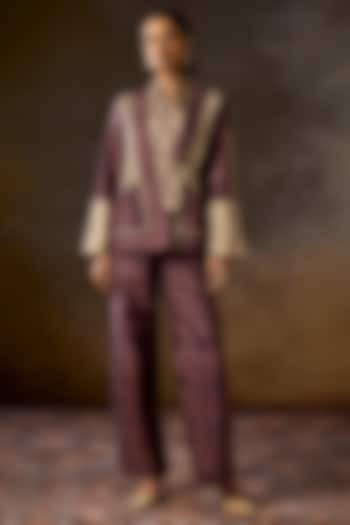 Brown Pure Silk Flora & Fauna Digital Printed Jacket Set by talitha at Pernia's Pop Up Shop