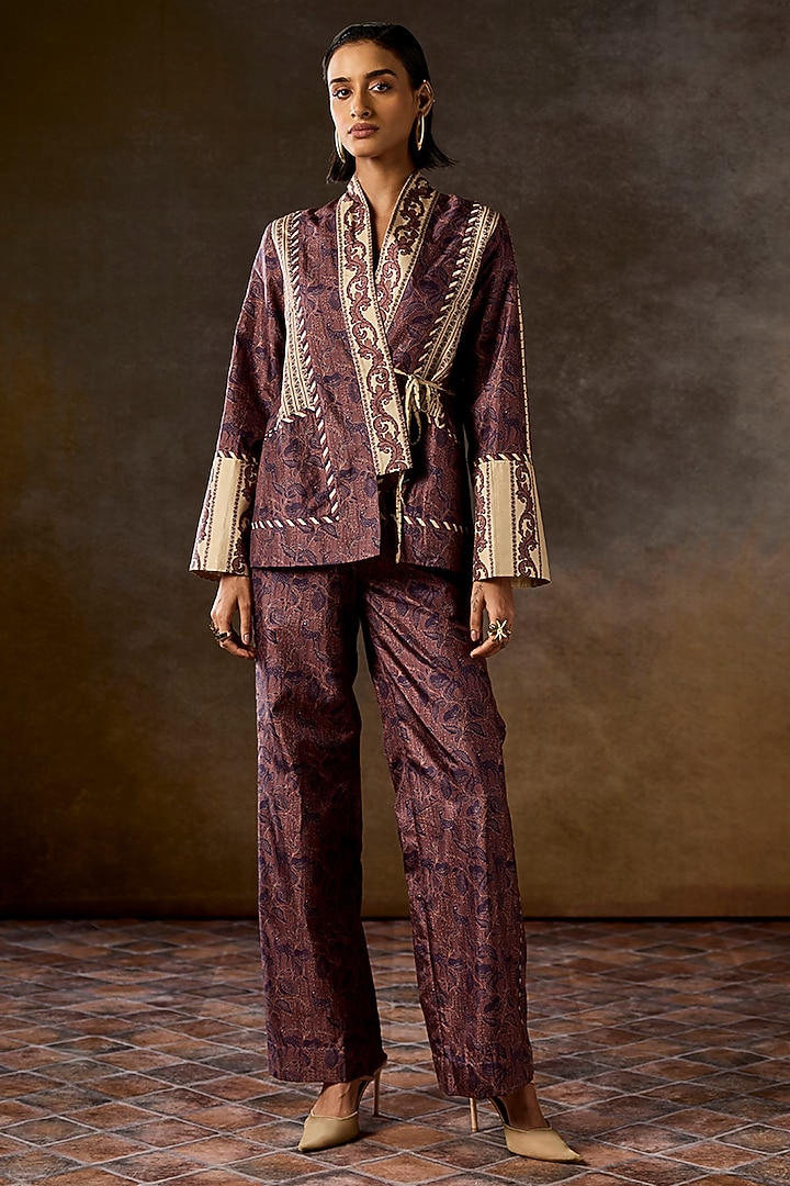 Brown Pure Silk Flora & Fauna Digital Printed Jacket Set by talitha at Pernia's Pop Up Shop