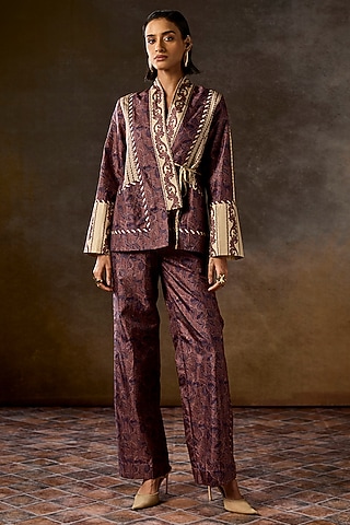 Brown Pure Silk Flora & Fauna Digital Printed Jacket Set by talitha