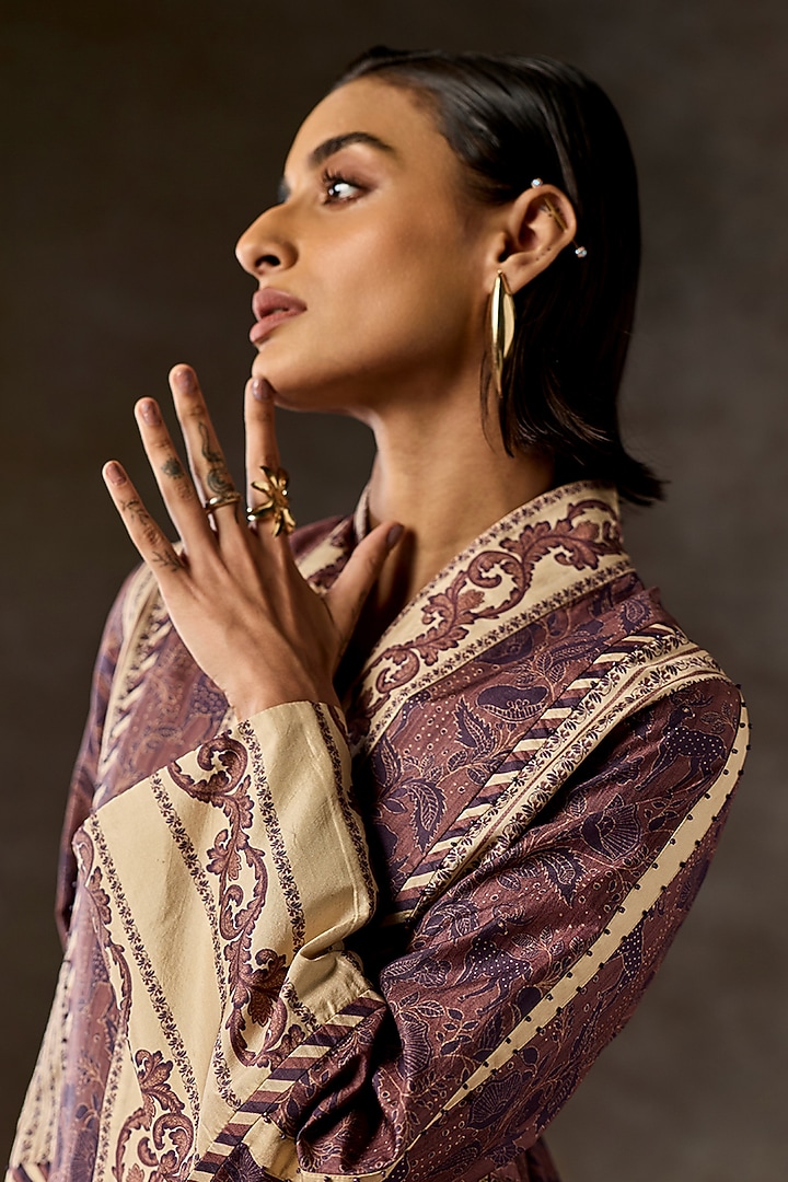 Brown Pure Silk Flora & Fauna Digital Printed Jacket Set by talitha at Pernia's Pop Up Shop