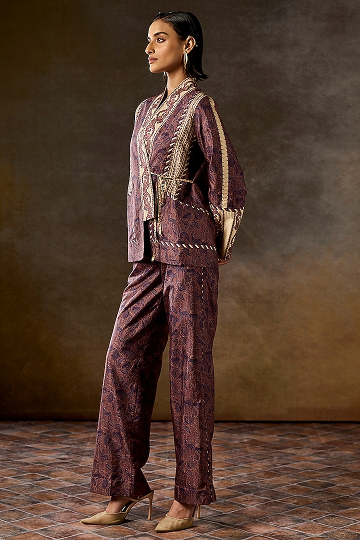 Brown Pure Silk Flora & Fauna Digital Printed Jacket Set by talitha at Pernia's Pop Up Shop