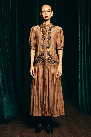 Brown Viscose Linen Hand Embroidered Dress by talitha