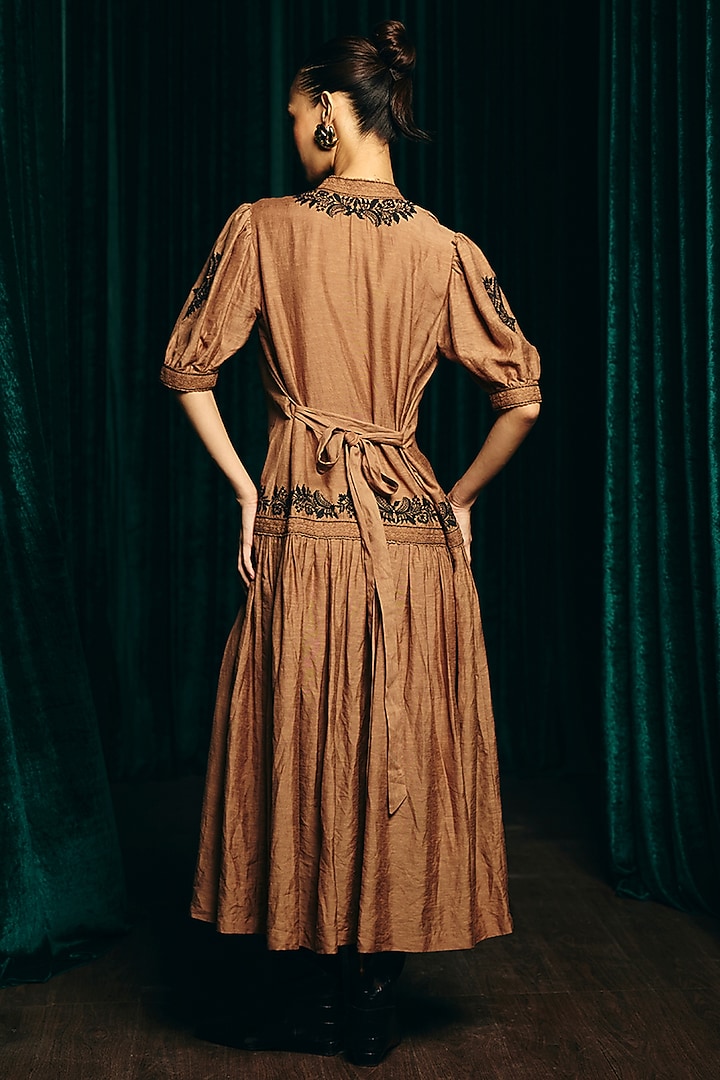 Brown Viscose Linen Hand Embroidered Cocktail Dress by talitha at Pernia's Pop Up Shop