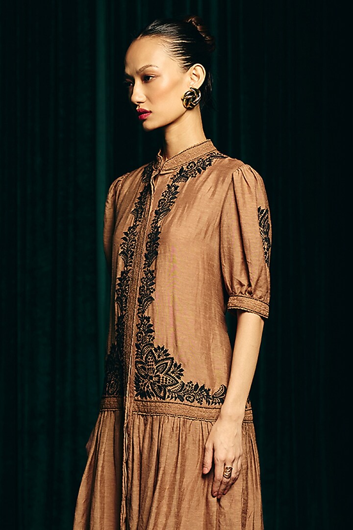 Brown Viscose Linen Hand Embroidered Cocktail Dress by talitha at Pernia's Pop Up Shop