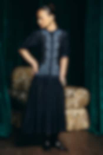 Navy Blue Viscose Linen Hand Embroidered Cocktail Dress by talitha at Pernia's Pop Up Shop