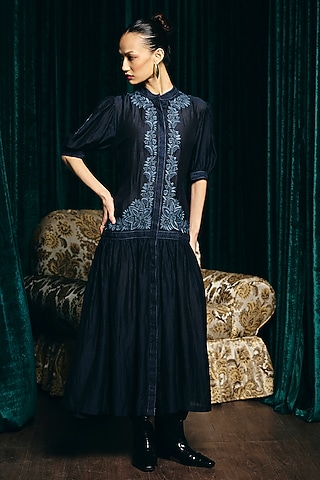 Navy Blue Viscose Linen Hand Embroidered Dress by talitha