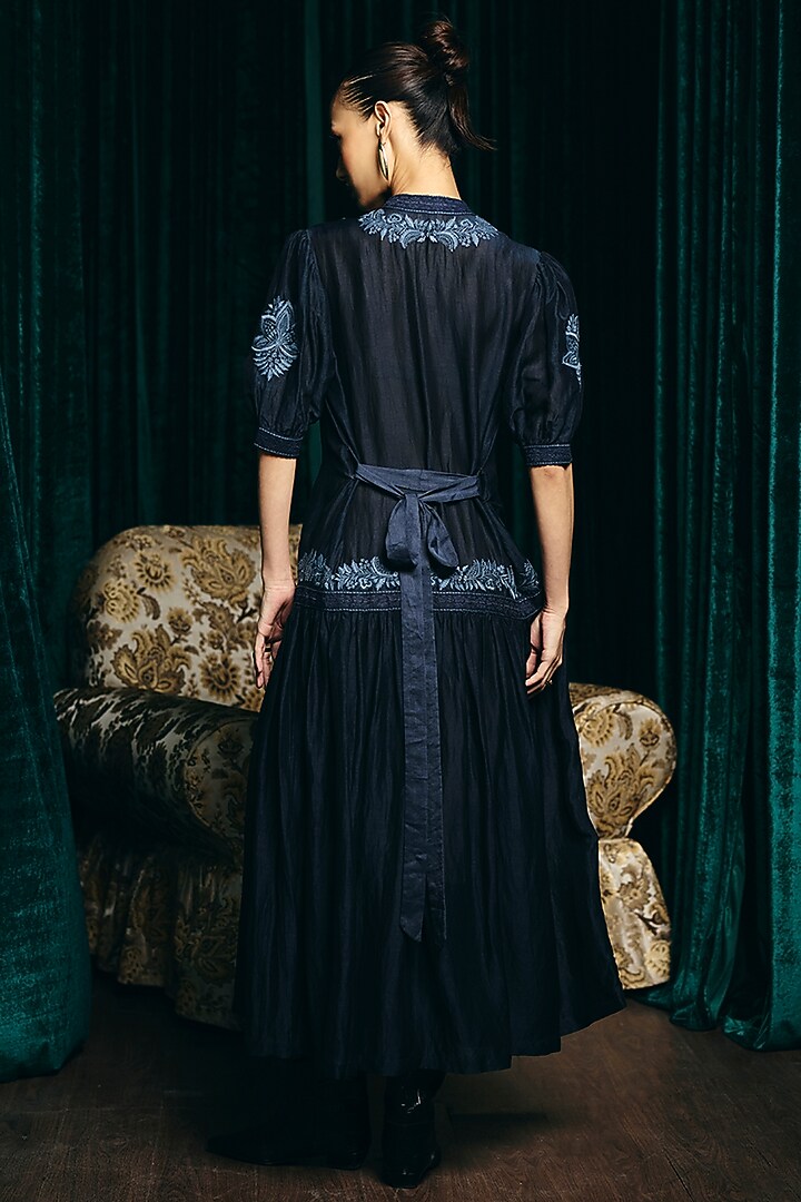 Navy Blue Viscose Linen Hand Embroidered Cocktail Dress by talitha at Pernia's Pop Up Shop