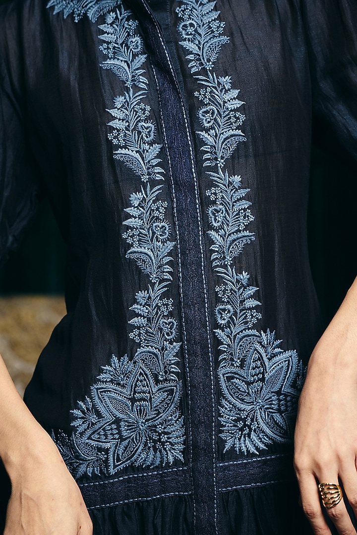 Navy Blue Viscose Linen Hand Embroidered Cocktail Dress by talitha at Pernia's Pop Up Shop
