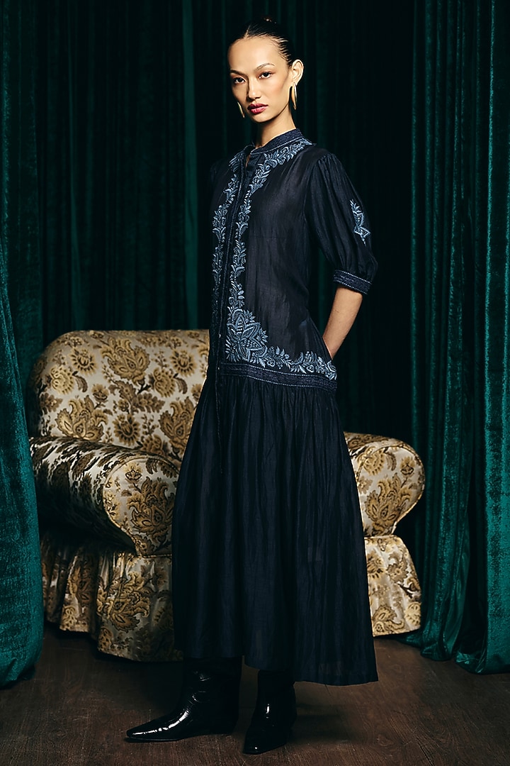 Navy Blue Viscose Linen Hand Embroidered Cocktail Dress by talitha at Pernia's Pop Up Shop