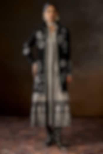 Black Cotton Twill Hand Embroidered Long Jacket by talitha at Pernia's Pop Up Shop