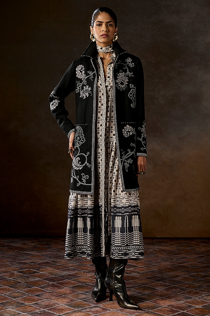 Black Cotton Twill Hand Embroidered Long Jacket by talitha at Pernia's Pop Up Shop