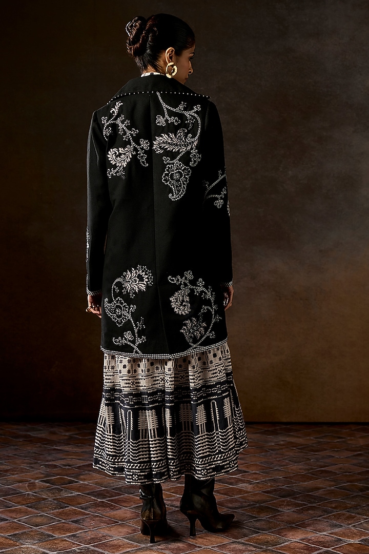 Black Cotton Twill Hand Embroidered Long Jacket by talitha at Pernia's Pop Up Shop