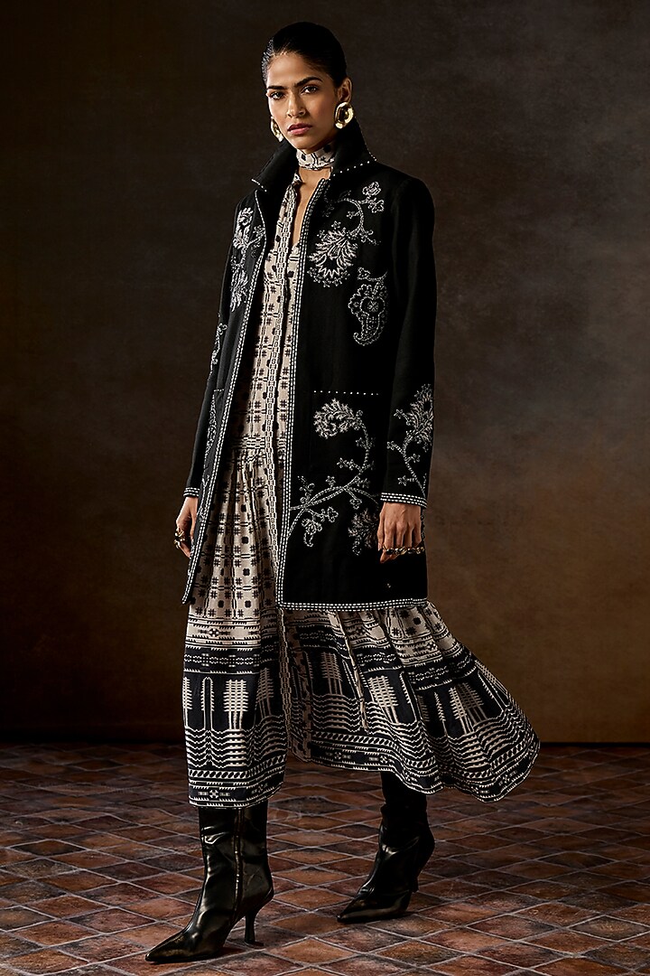Black Cotton Twill Hand Embroidered Long Jacket by talitha at Pernia's Pop Up Shop