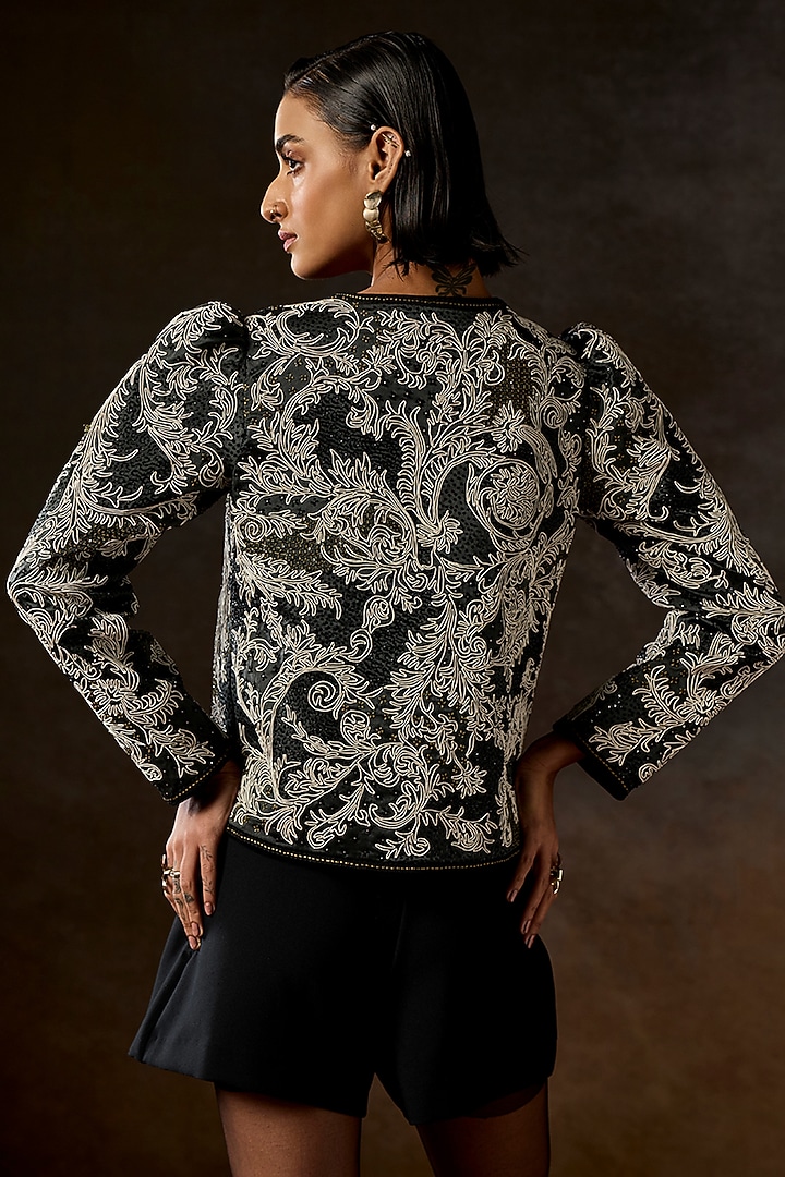 Charcoal Green Pure Silk Baroque Embroidered Jacket by talitha at Pernia's Pop Up Shop