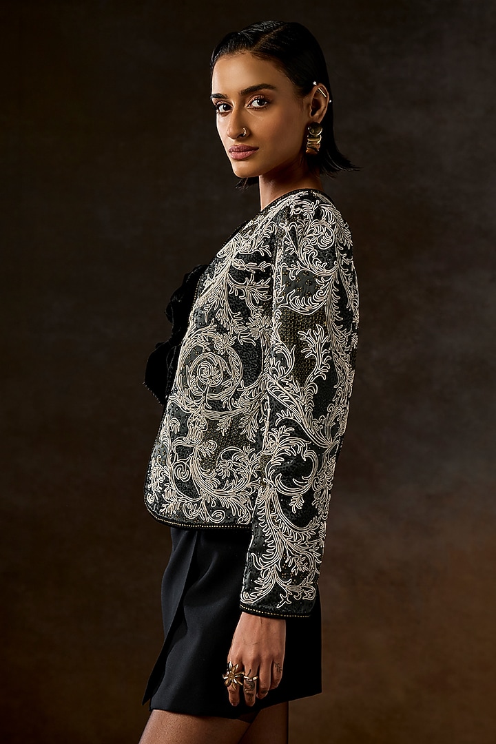 Charcoal Green Pure Silk Baroque Embroidered Jacket by talitha at Pernia's Pop Up Shop