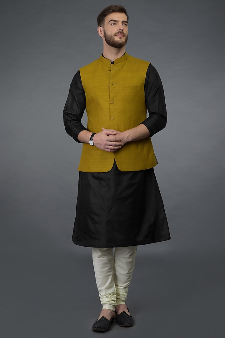 Black Embroidered Kurta Set With Waistcoat by Talking Threads Men