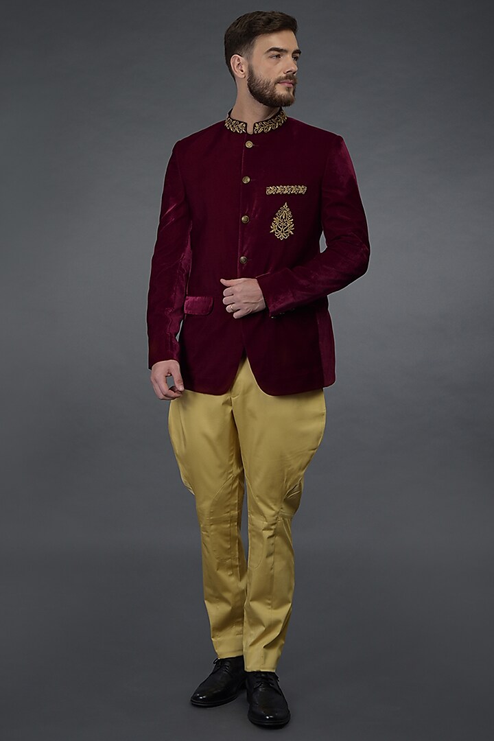 Burgundy Embroidered Bandhgala Jacket Set by Talking Threads Men