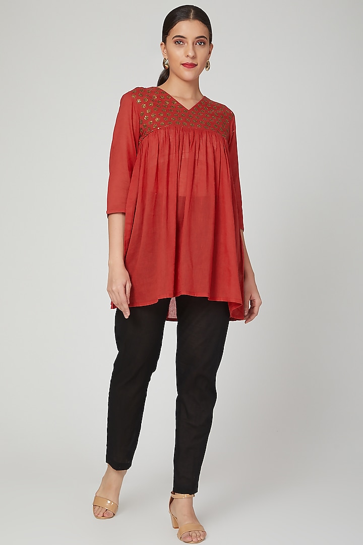 Red Hand Embroidered Top by THE LABEL UNTOLD