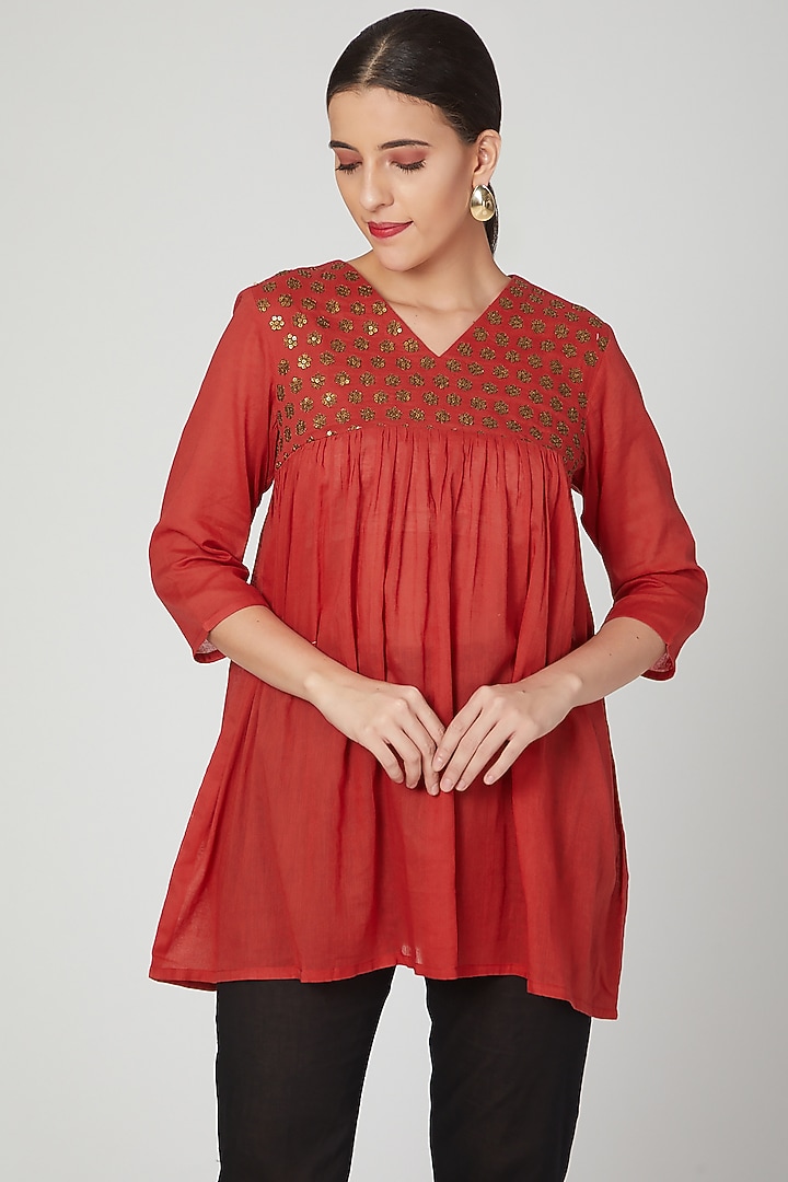 Red Hand Embroidered Top by THE LABEL UNTOLD at Pernia's Pop Up Shop