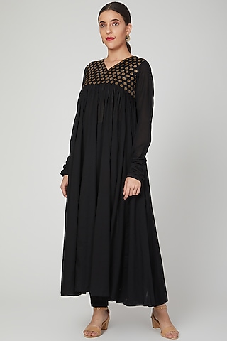 Black Organic Cotton Mul Hand Embroidered Anarkali Set by THE LABEL UNTOLD