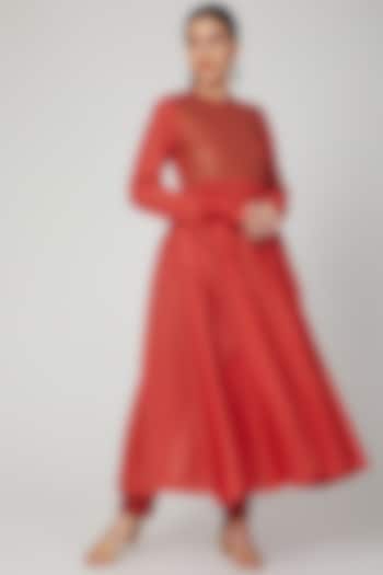 Red Embroidered Anarkali With Pants by THE LABEL UNTOLD